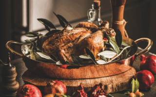 Roast Challans guinea fowl with apples, cider and Calvados