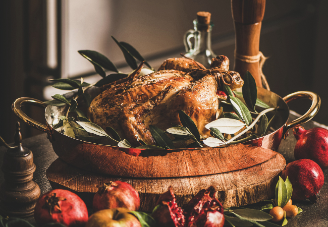 Roast Challans guinea fowl with apples, cider and Calvados