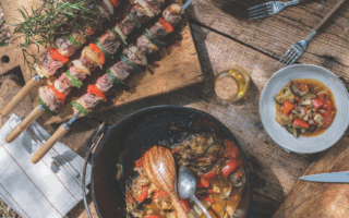 Duck skewers with ratatouille