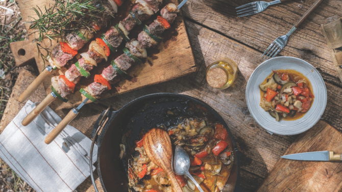 Duck skewers with ratatouille