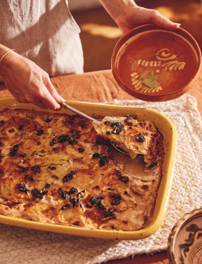 Potato, Black Olive & Garlic Gratin